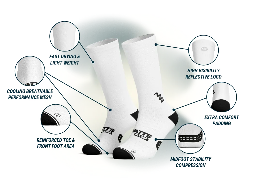 Technical features of Watts in a Box cycling socks — Italian craftsmanship, compression and moisture-wicking